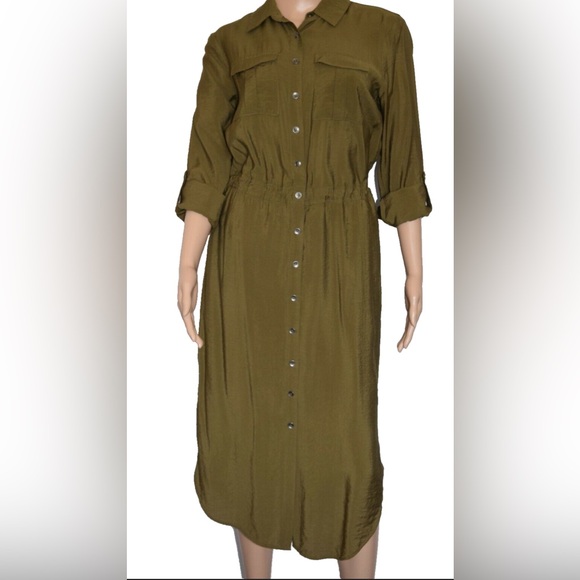 Anthropologie Dresses & Skirts - Anthropologie Maeve Olive Roll Up Sleeve Shirt Dress Adjustable Cinch Waist  4